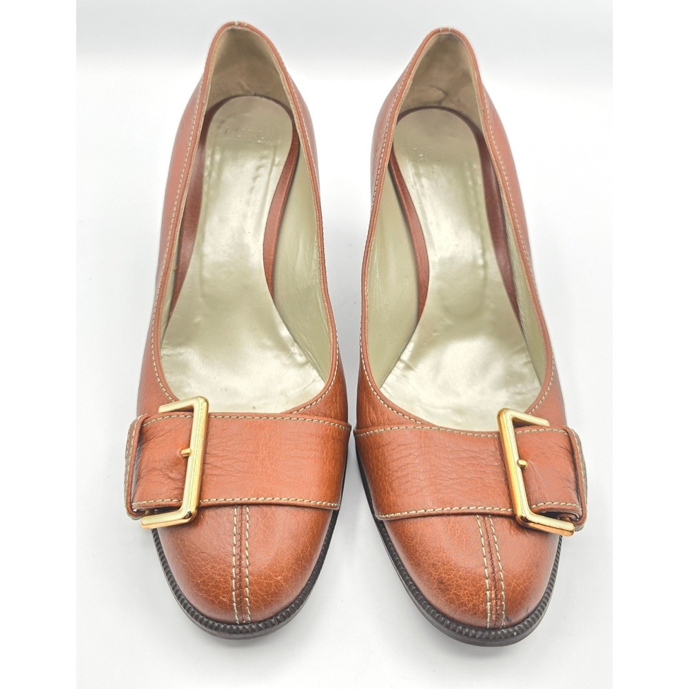 Vintage Furla Brown Leather Pumps Y2K Corporate Chic Buckle Block Heel 38 US 8 - Picture 2 of 14